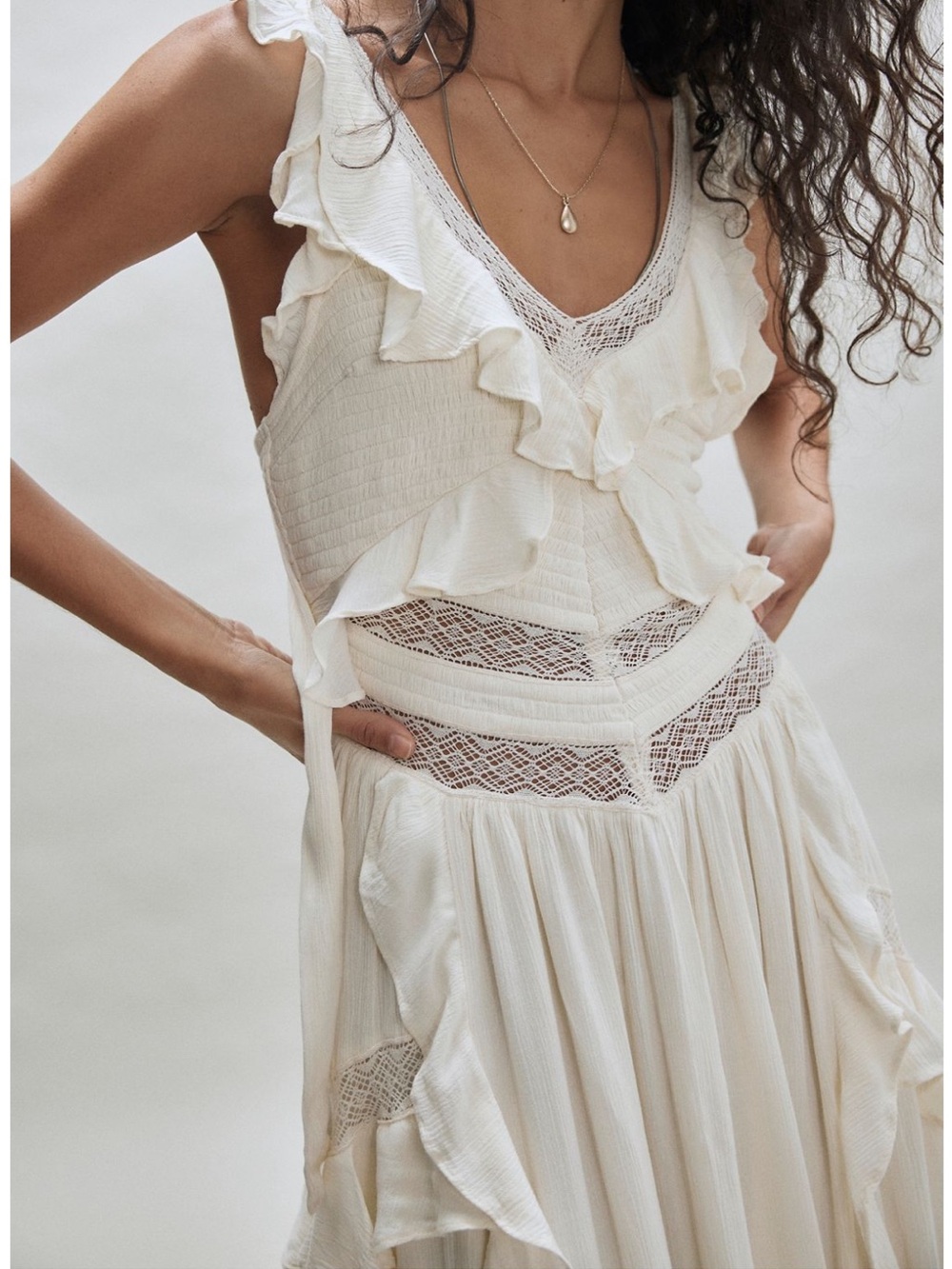 Free People Cream Ruffle Lace Maxi Dress